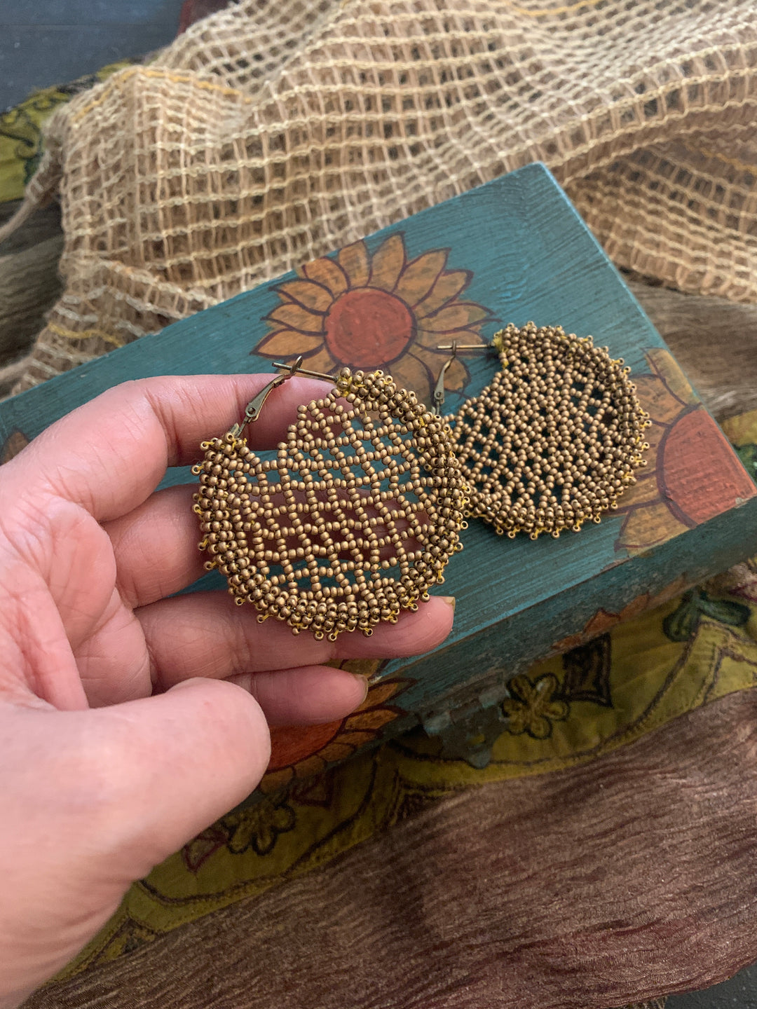 Beige Gold Beads Hoops