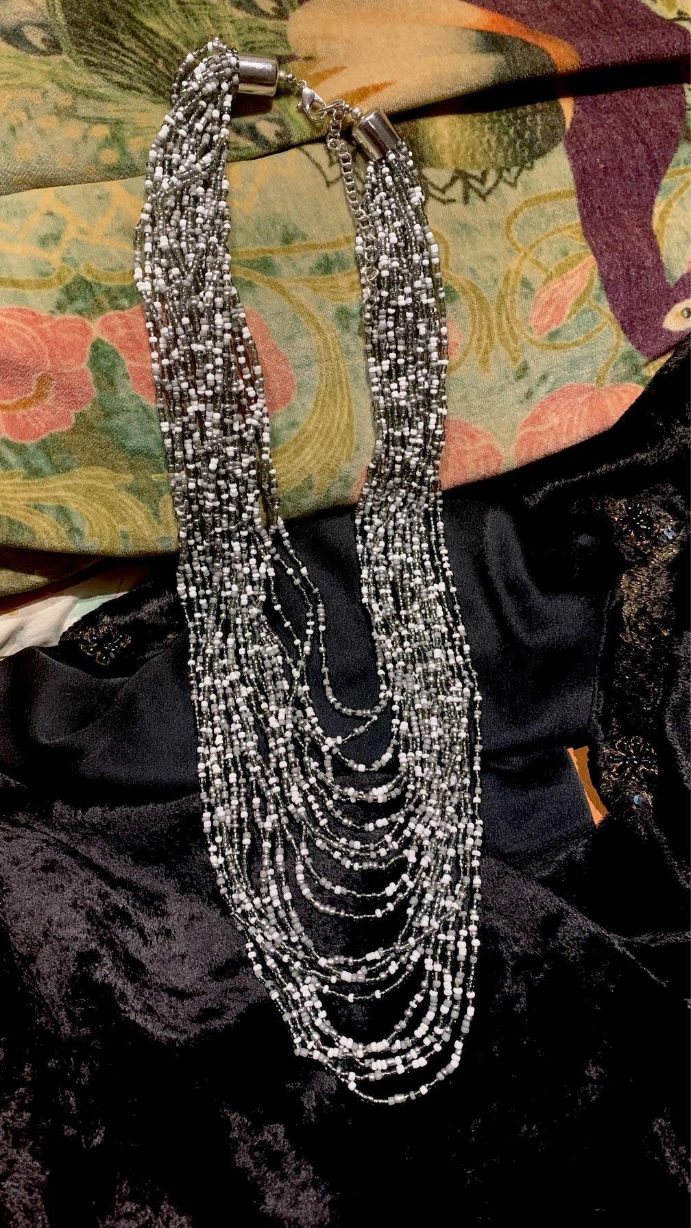 Grey Silver and White Beaded Necklace - SHIVKA