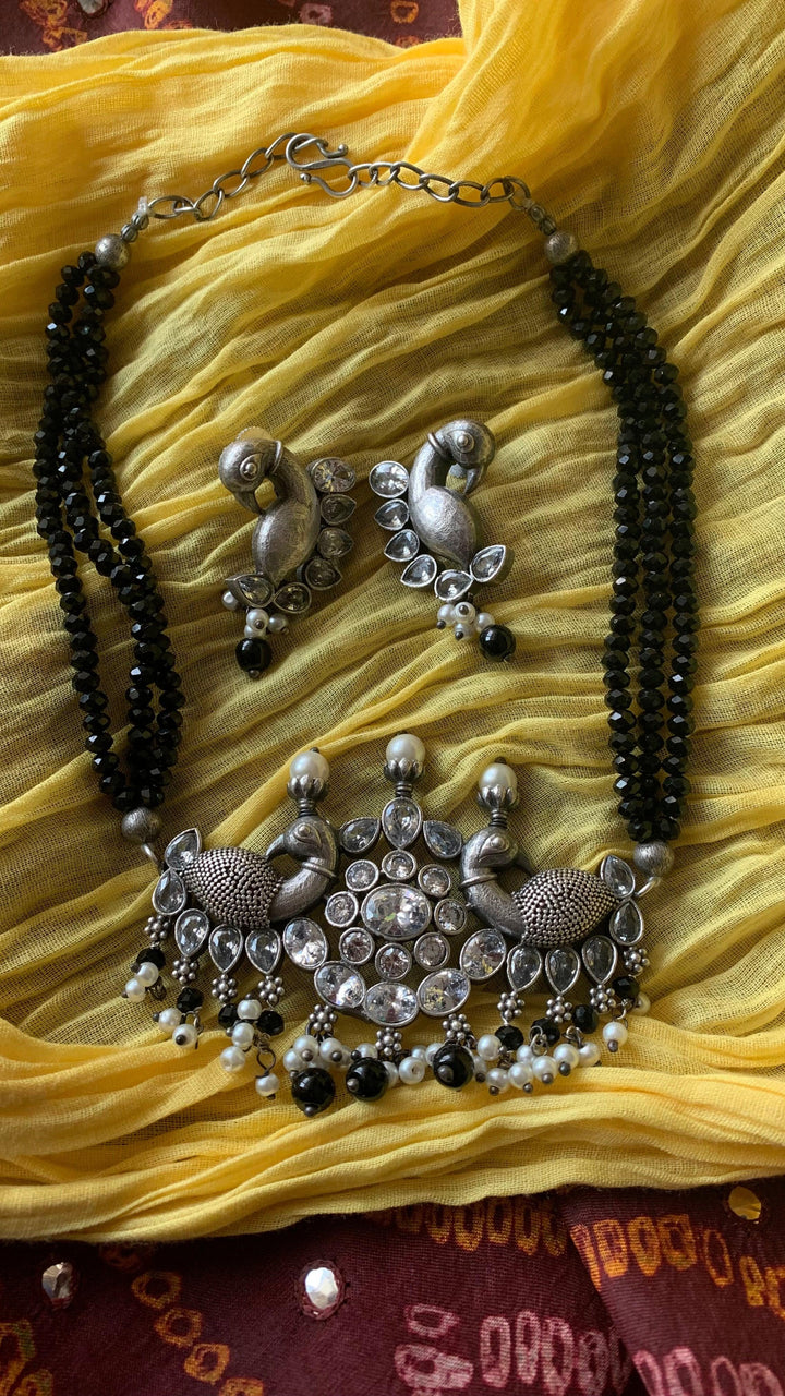 Statement Zirconia Short Necklace with Peacock Studs - SHIVKA