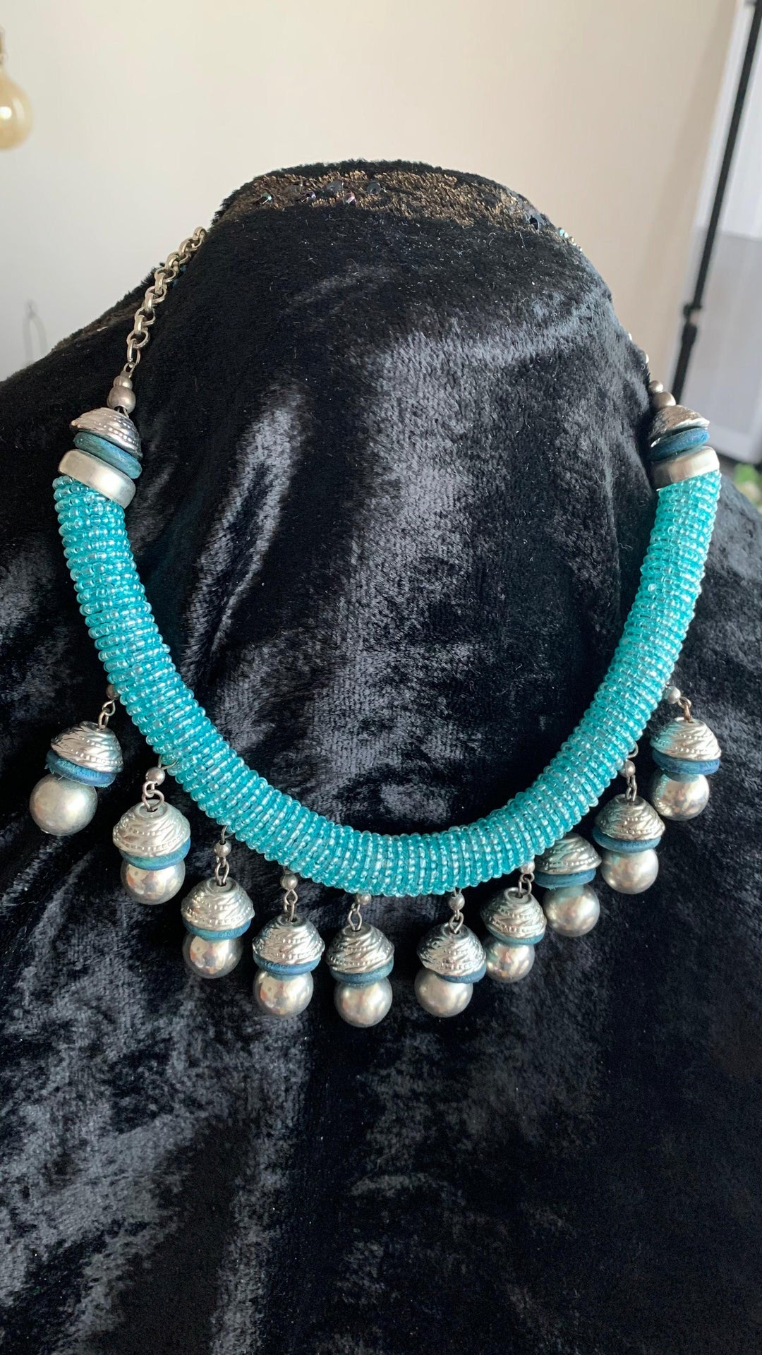 Statement blue Beads Tasseled Hasli Necklace with Earrings - SHIVKA
