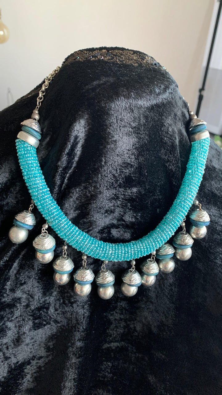 Statement blue Beads Tasseled Hasli Necklace with Earrings - SHIVKA