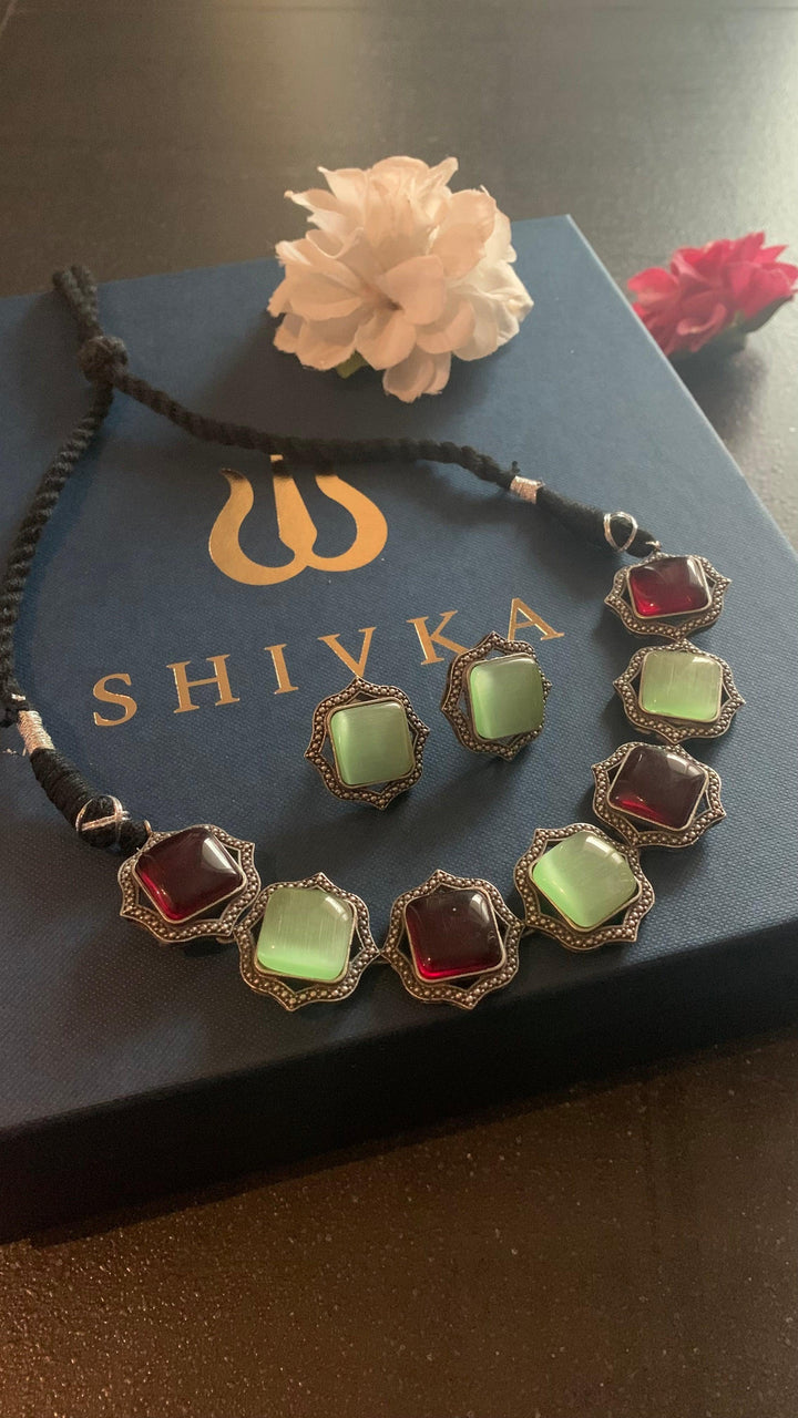 Statement Multicoloured Stones Necklace with Studs - SHIVKA