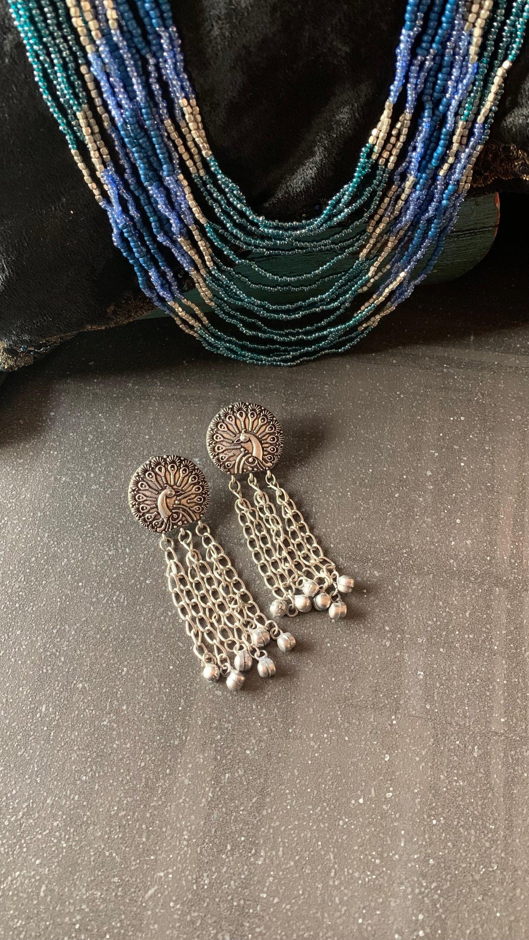 Maharani Blue Beaded Necklace with Statement Peacock Earrings - SHIVKA