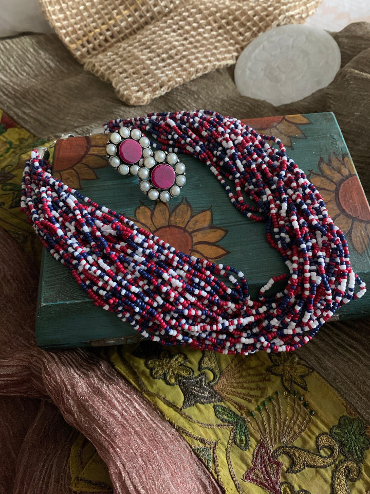 Statement Multicoloured Necklace with Gemstones Studs - SHIVKA