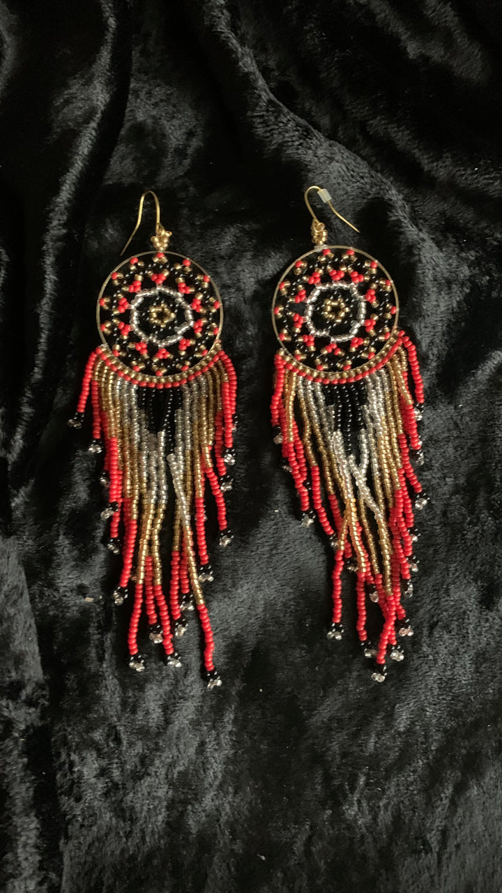 Coral and Black Beads Long Danglers