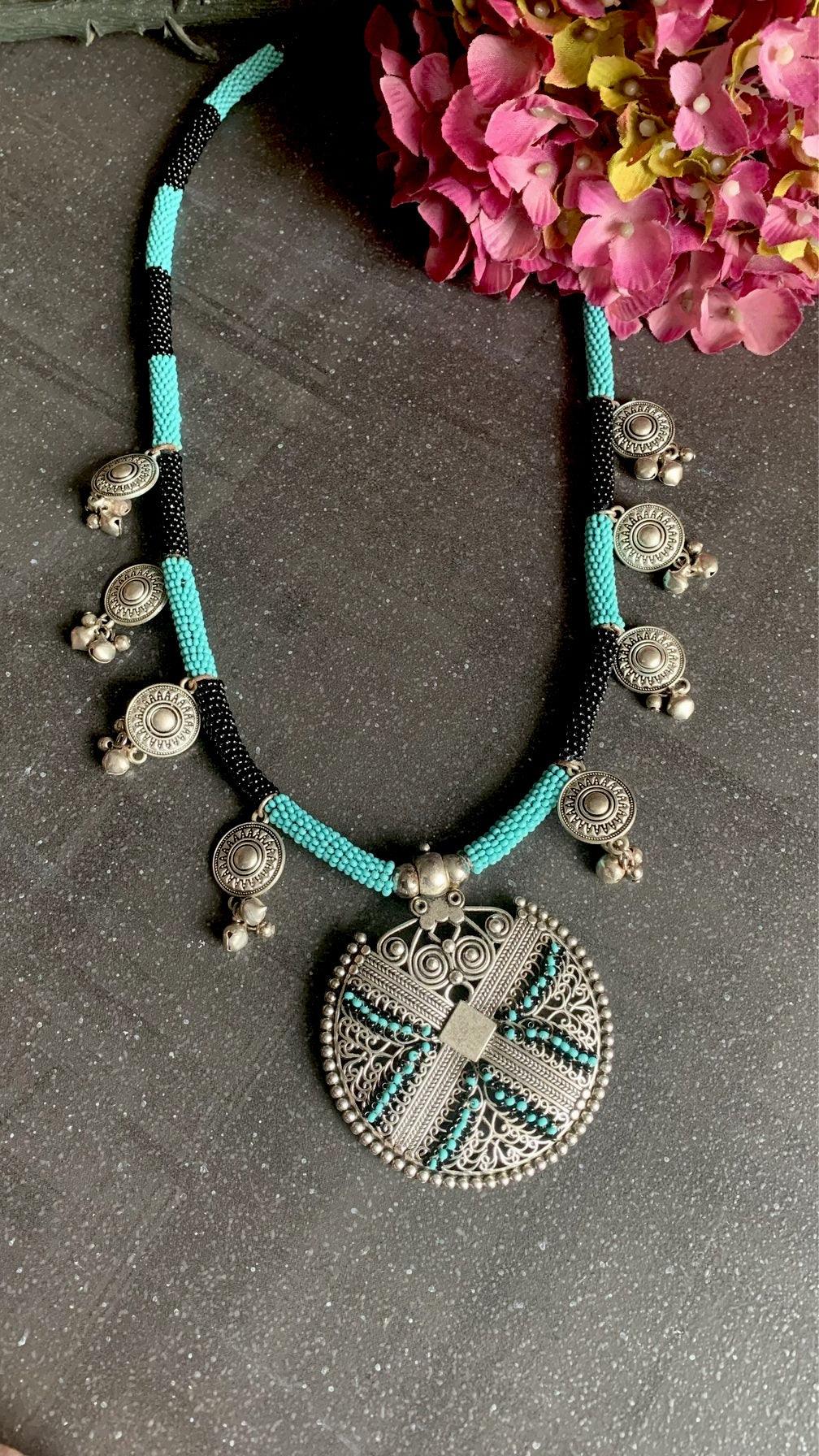 Turquoise and Black Tribal Pendant Long Necklace - SHIVKA