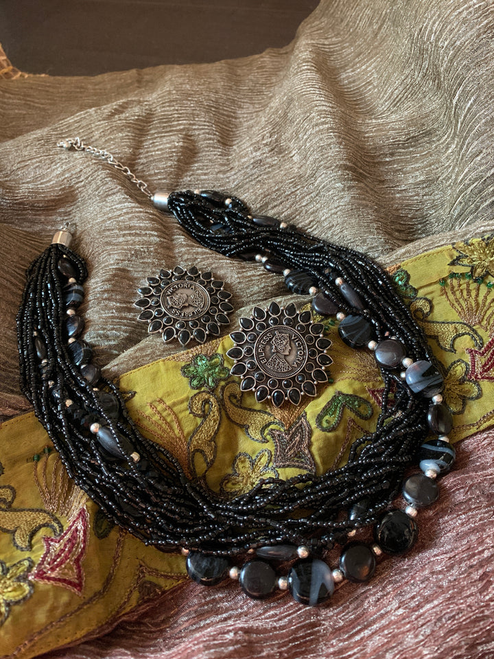Black Beaded Necklace with Oversized Studs