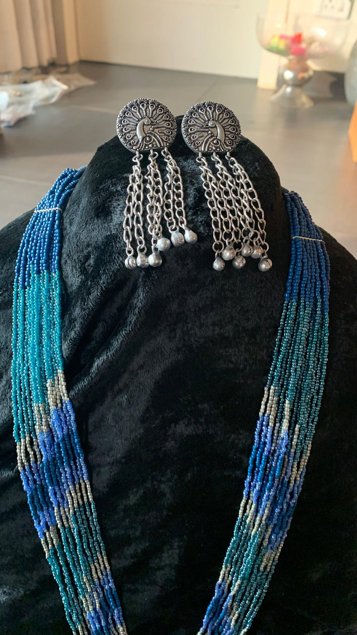 Maharani Blue Beaded Necklace with Statement Peacock Earrings - SHIVKA
