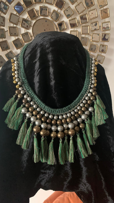 Green Thread Tassels Beads Necklace - SHIVKA