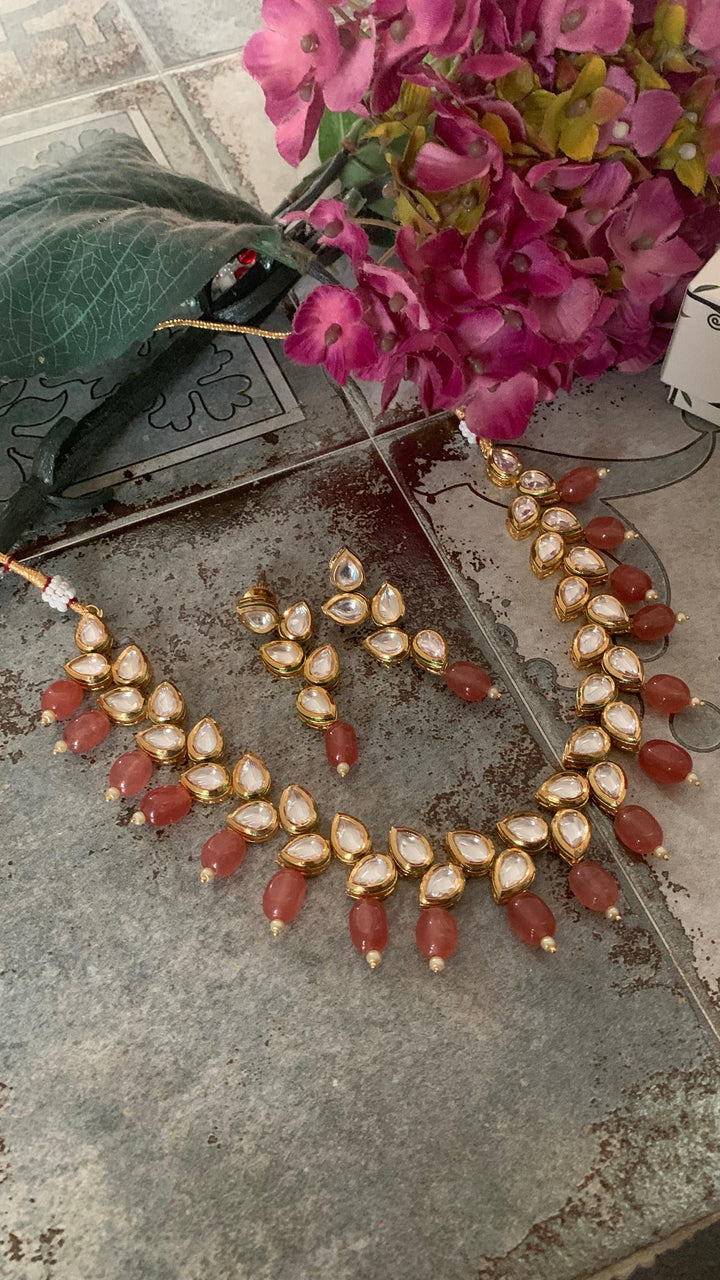 Peach Drops Kundan Necklace with Earrings - SHIVKA