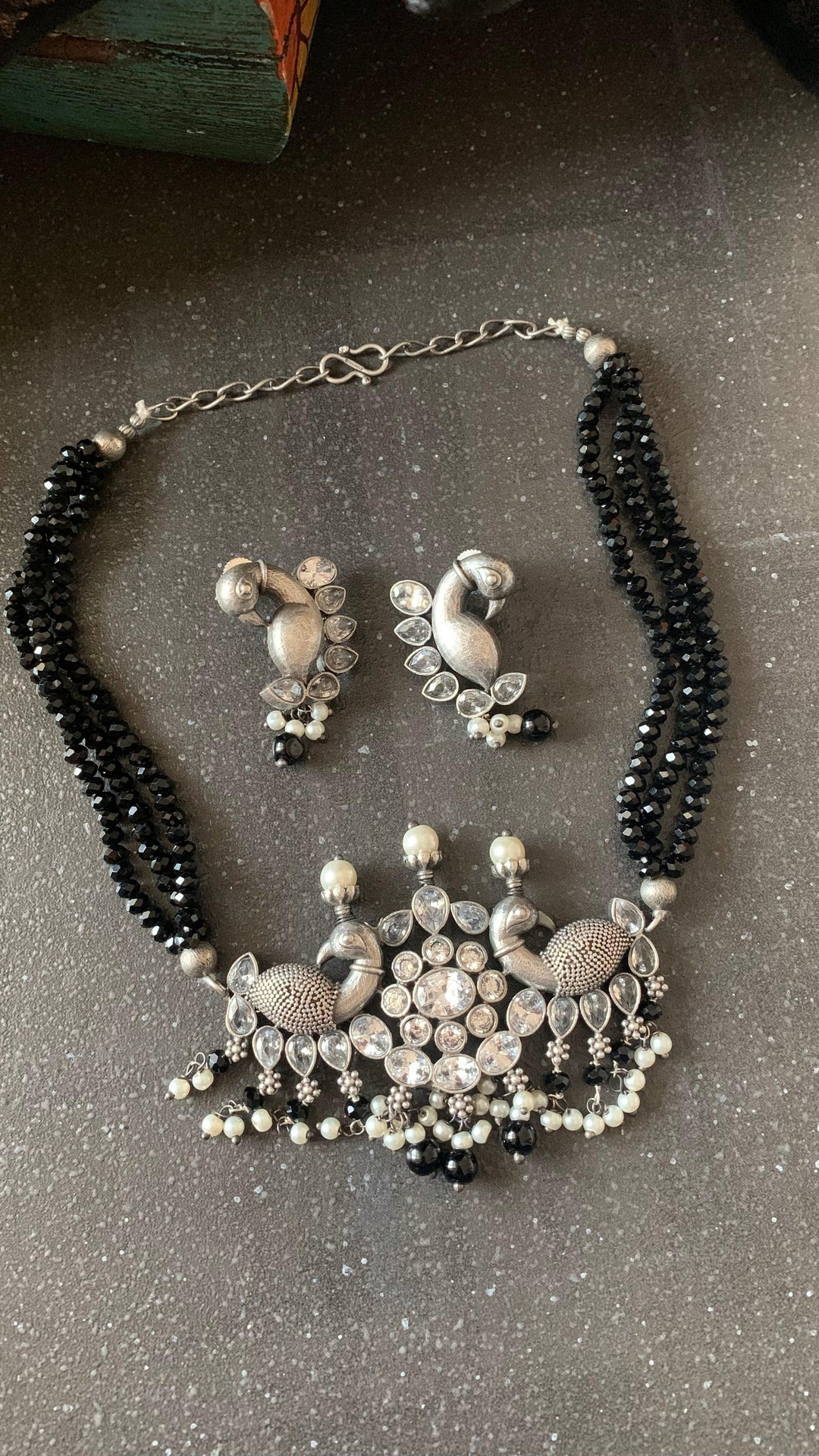 Statement Zirconia Short Necklace with Peacock Studs - SHIVKA