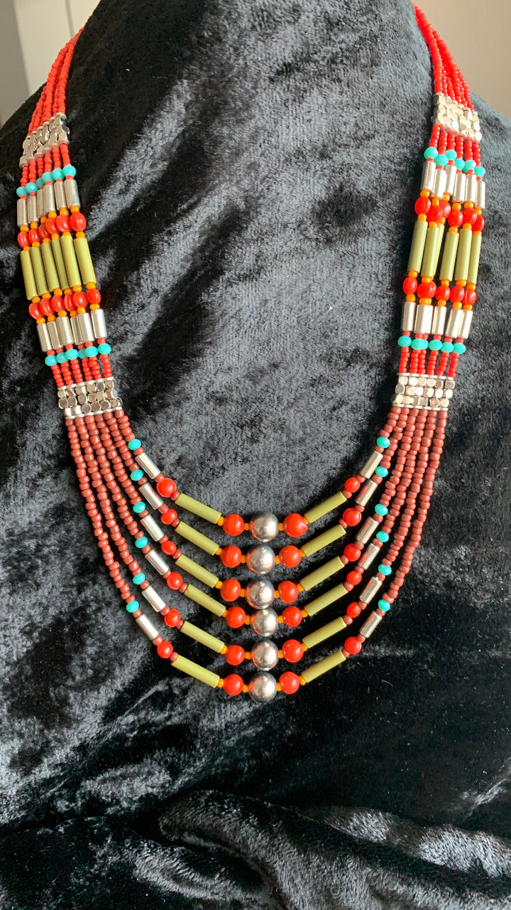 Trendy Coral Necklace with Enamelled Dome Jhumkas - SHIVKA